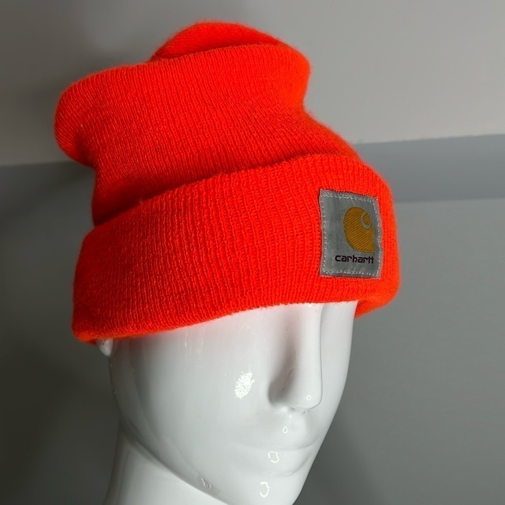 Carhartt Bright Neon Orange Ribbed Beanie Foldover Hat - One Size - unisex